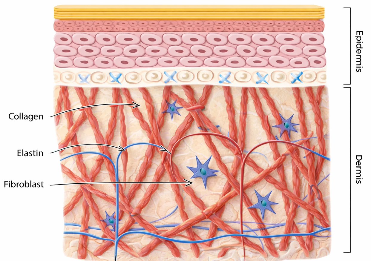 Skin anatomy diagram showing collagen and elastin fibers