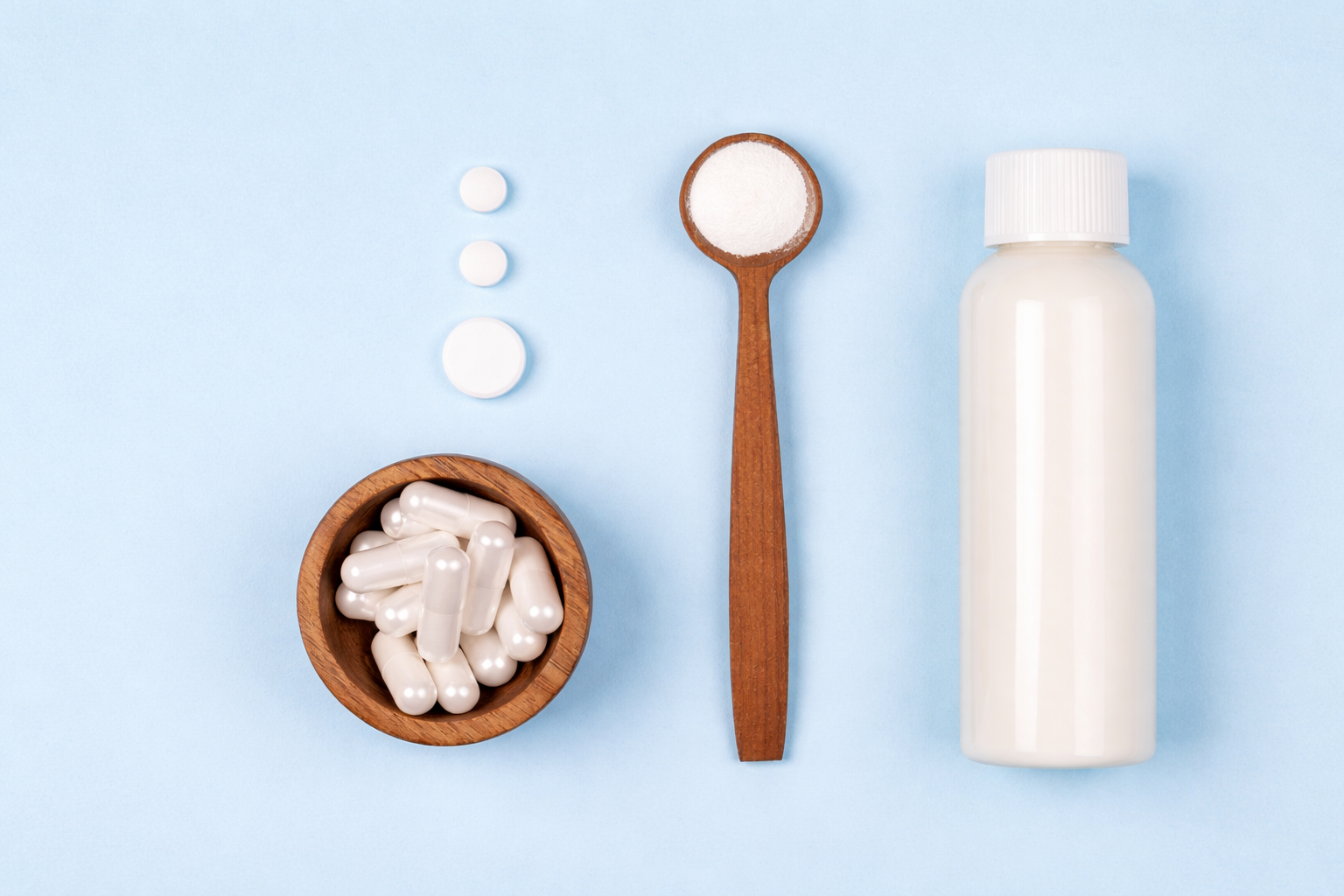 Various forms of collagen supplements including powder, capsules, and liquid